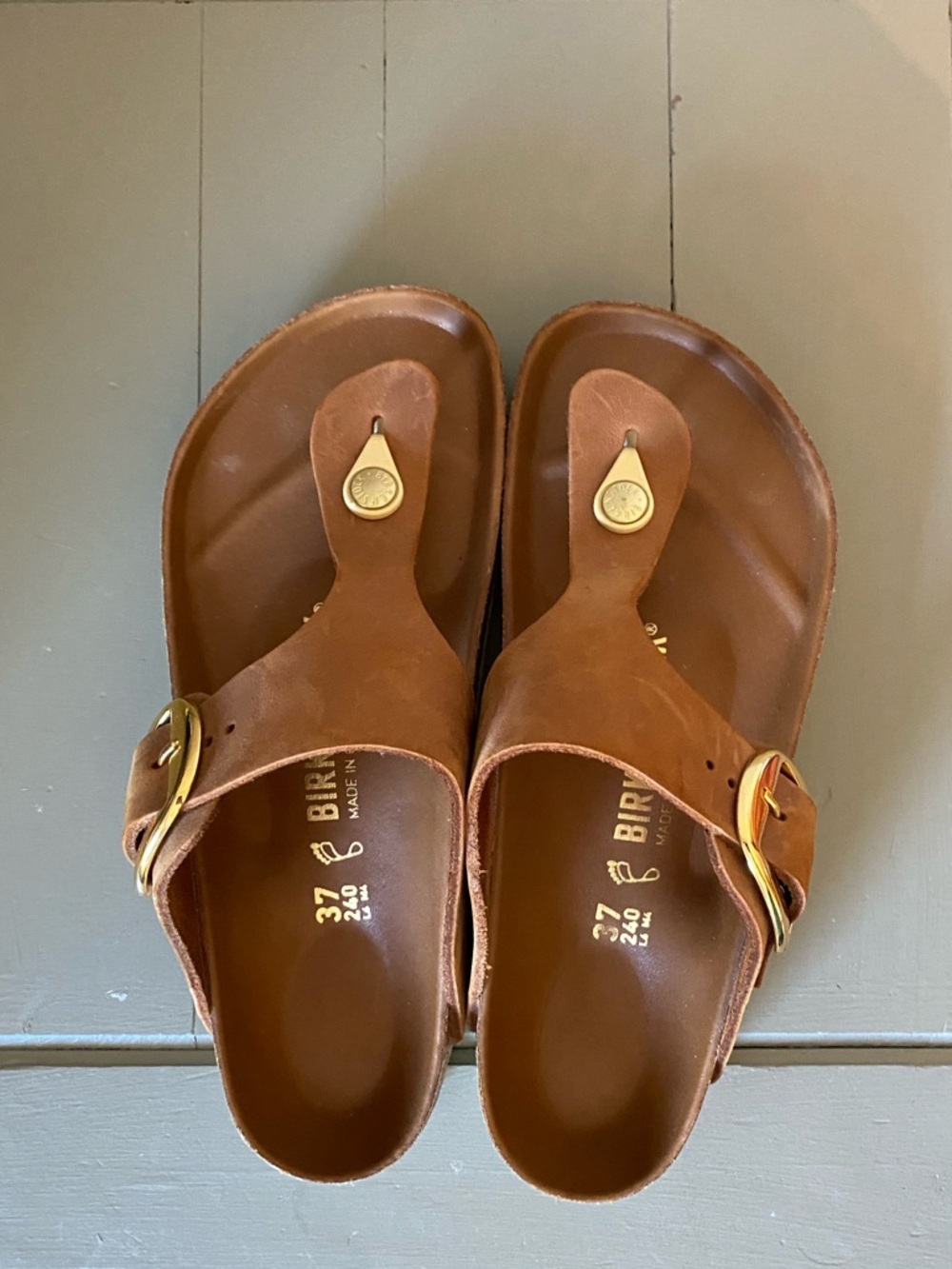 Birkenstock Brown Leather Gizeh Sandals with Gold Buckles